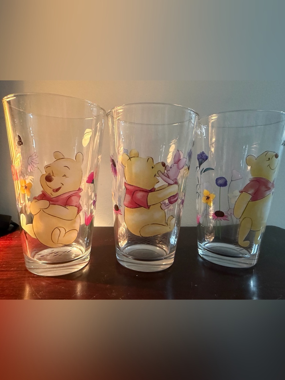 Disney Winnie the Pooh Piglet Floral Drinking Glasses Tumblers Set of 3